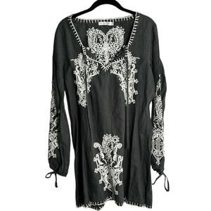Monoreno Black White Long Sleeve Tunic Knee Length Embroidered Dress Small